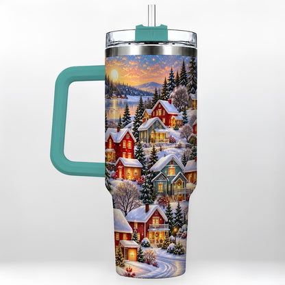 #pl[40oz|Green] Snowy Village 40oz Tumbler with Handle, Cozy Winter Landscape