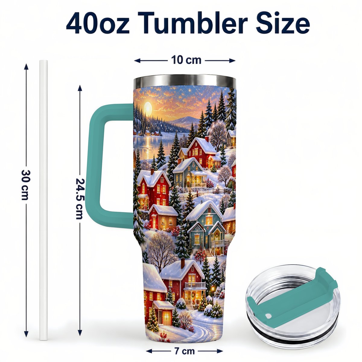 #pl[40oz|Green] Snowy Village 40oz Tumbler with Handle, Cozy Winter Landscape