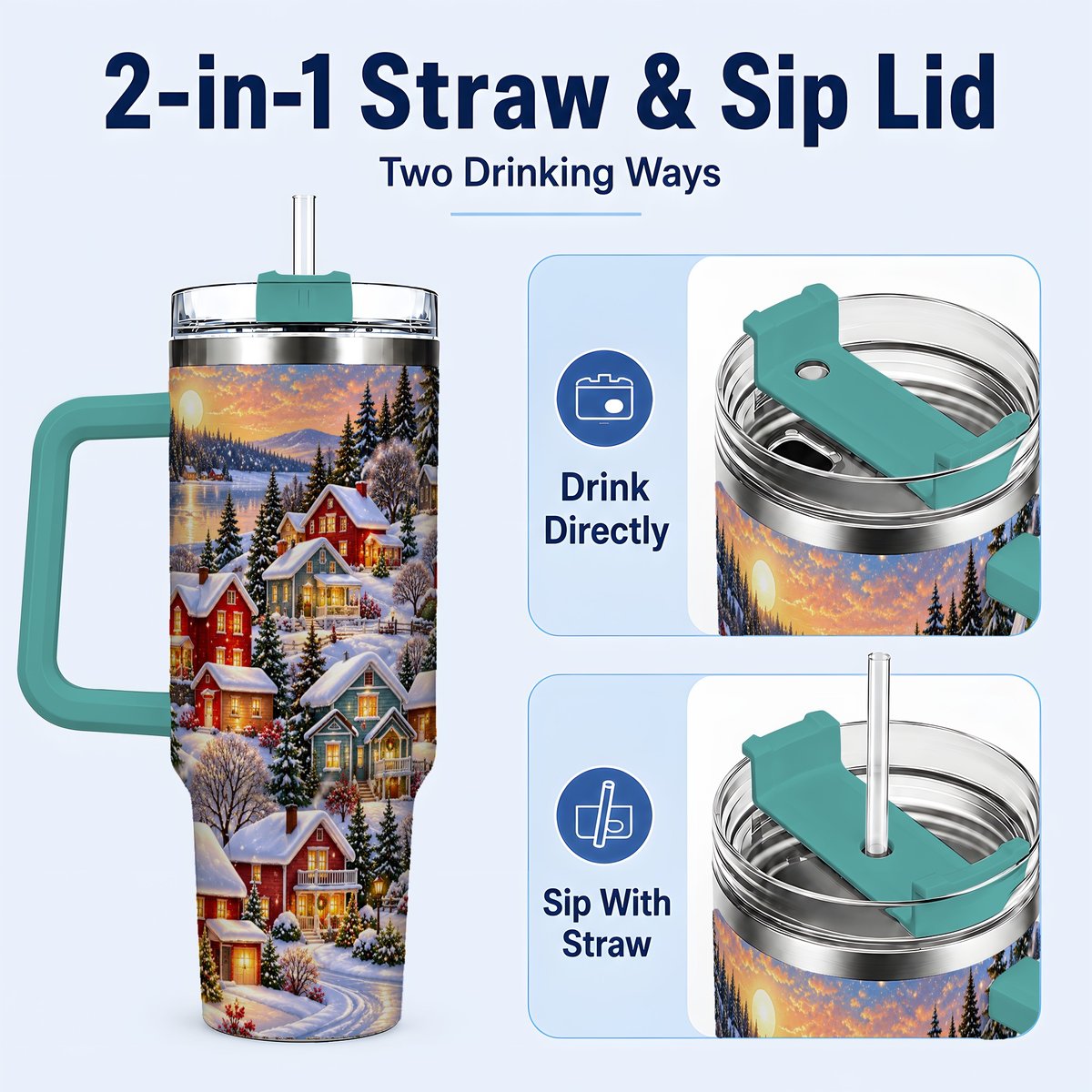 #pl[40oz|Green] Snowy Village 40oz Tumbler with Handle, Cozy Winter Landscape