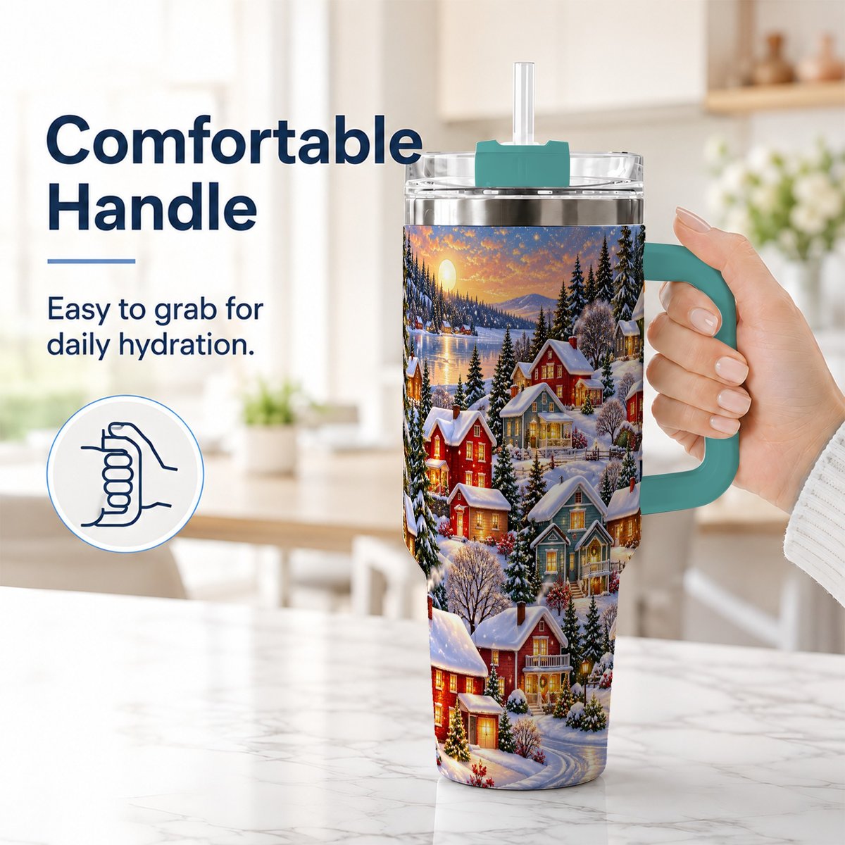 #pl[40oz|Green] Snowy Village 40oz Tumbler with Handle, Cozy Winter Landscape