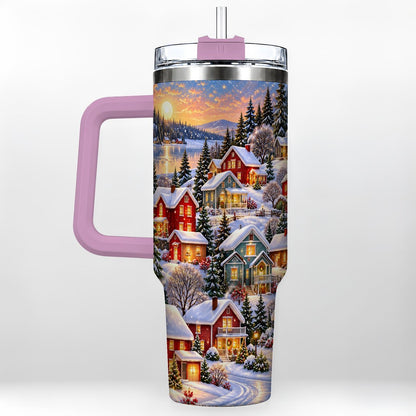 #pl[40oz|Pink] Snowy Village 40oz Tumbler with Handle, Cozy Winter Landscape