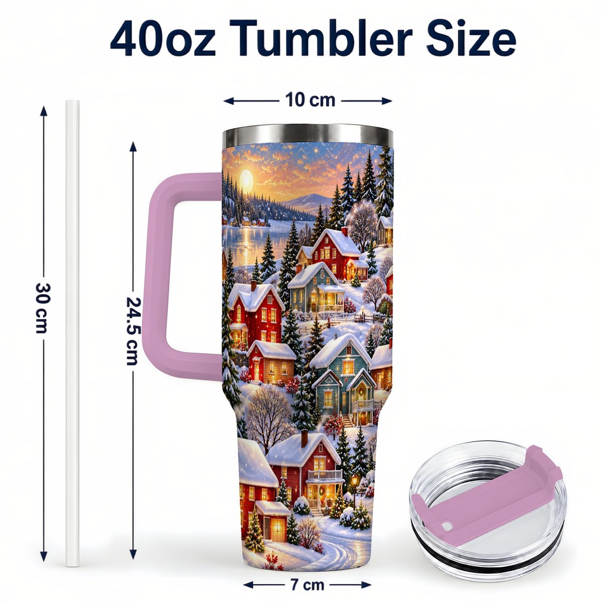 #pl[40oz|Pink] Snowy Village 40oz Tumbler with Handle, Cozy Winter Landscape