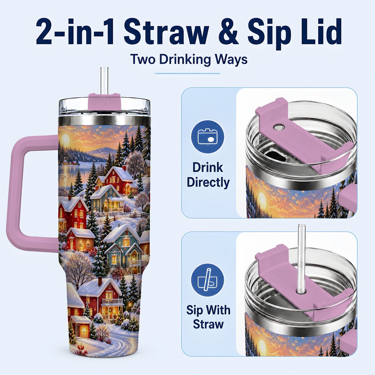 #pl[40oz|Pink] Snowy Village 40oz Tumbler with Handle, Cozy Winter Landscape