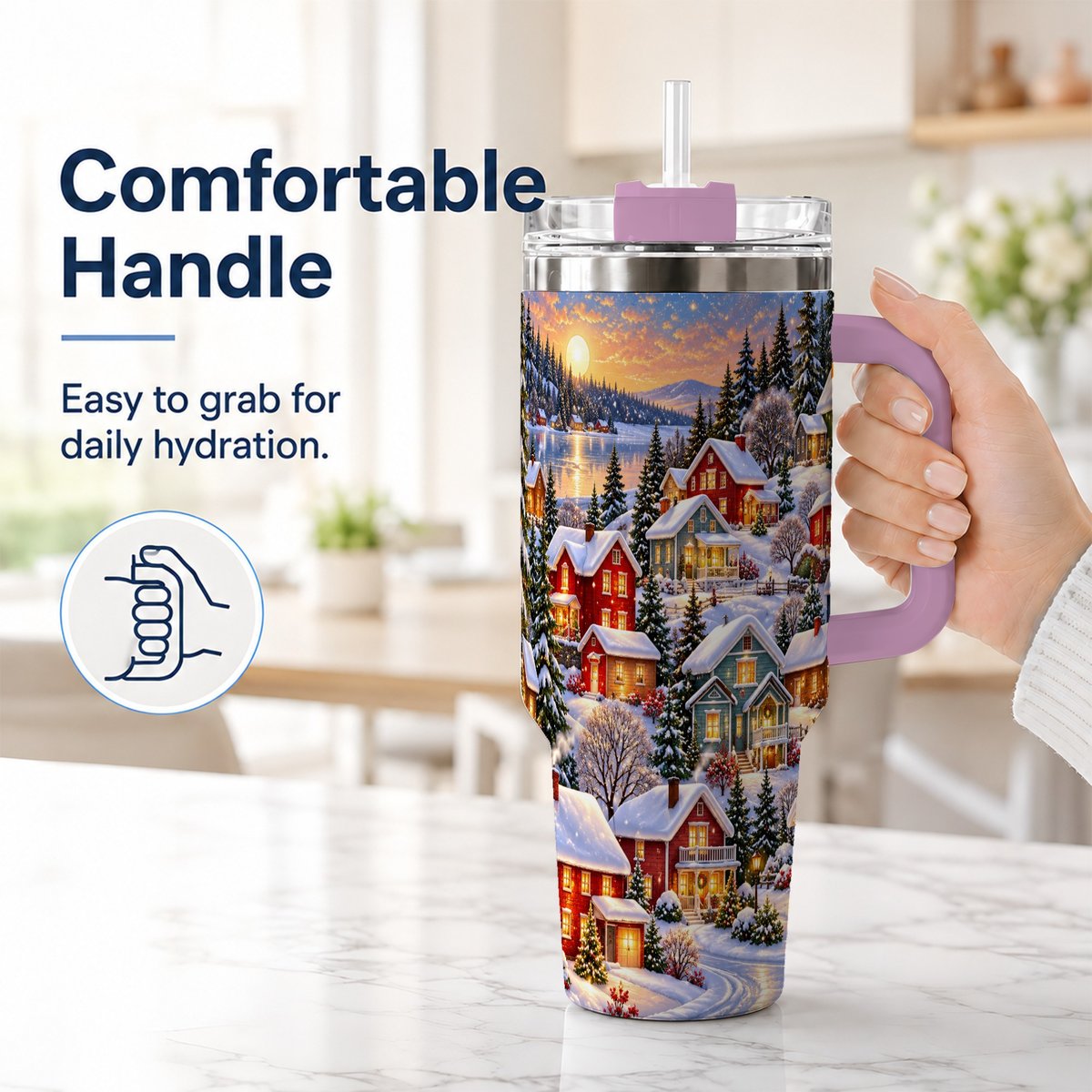 #pl[40oz|Pink] Snowy Village 40oz Tumbler with Handle, Cozy Winter Landscape