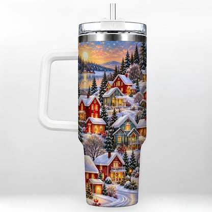 Snowy Village 40oz Tumbler with Handle, Cozy Winter Landscape
