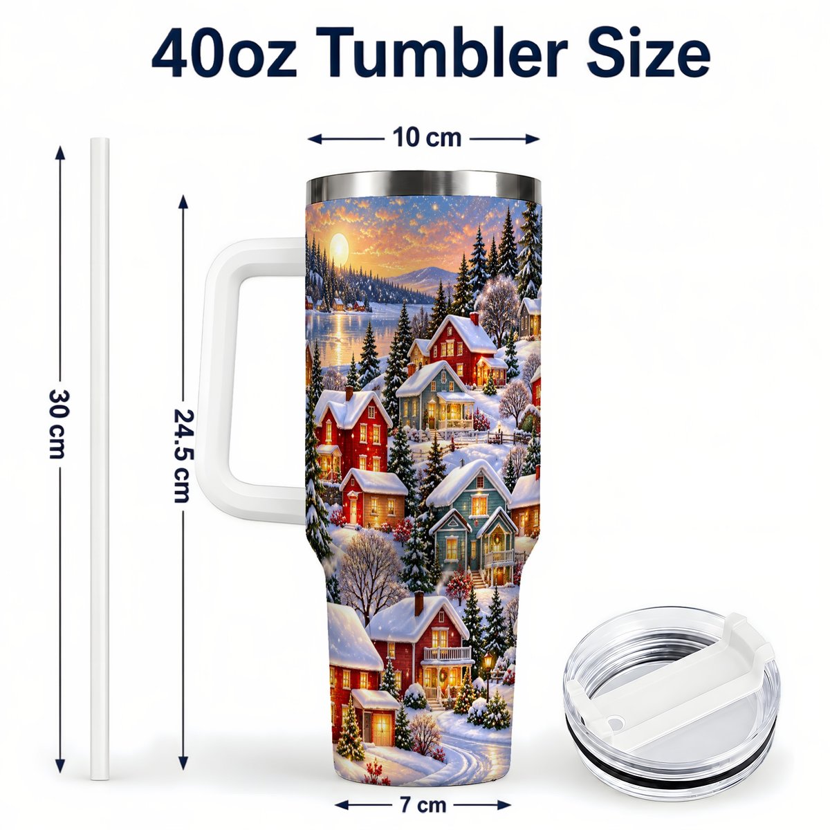 #pl[40oz|White] Snowy Village 40oz Tumbler with Handle, Cozy Winter Landscape
