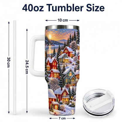 #pl[40oz|White] Snowy Village 40oz Tumbler with Handle, Cozy Winter Landscape