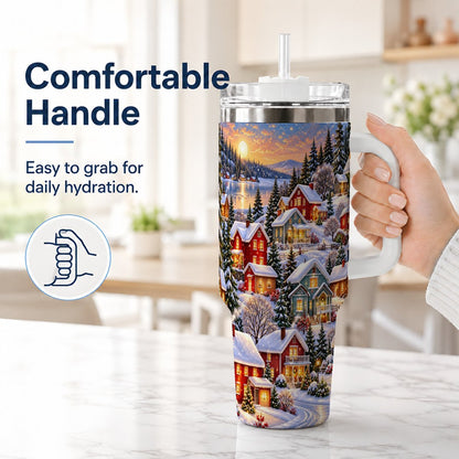 #pl[40oz|White] Snowy Village 40oz Tumbler with Handle, Cozy Winter Landscape
