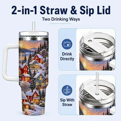 #pl[40oz|White] Snowy Village 40oz Tumbler with Handle, Cozy Winter Landscape