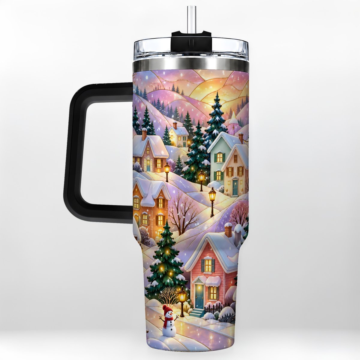 #pl[40oz|Black] Pastel Winter 40oz Tumbler with Handle, Snowy Cottage Artwork