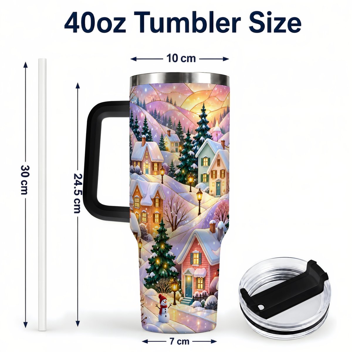 #pl[40oz|Black] Pastel Winter 40oz Tumbler with Handle, Snowy Cottage Artwork