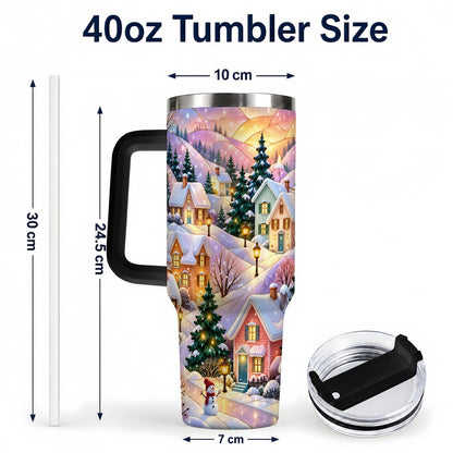#pl[40oz|Black] Pastel Winter 40oz Tumbler with Handle, Snowy Cottage Artwork