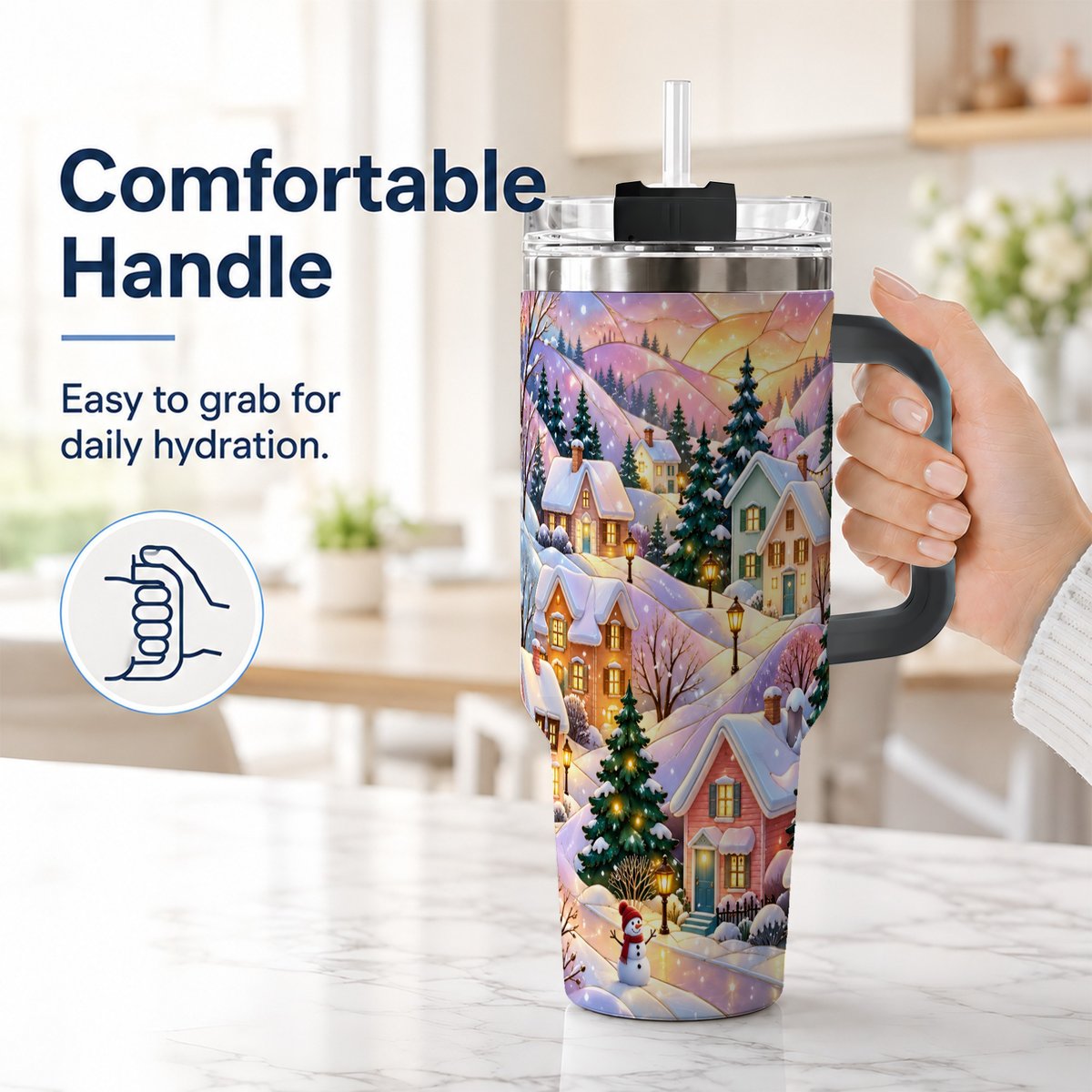 #pl[40oz|Black] Pastel Winter 40oz Tumbler with Handle, Snowy Cottage Artwork