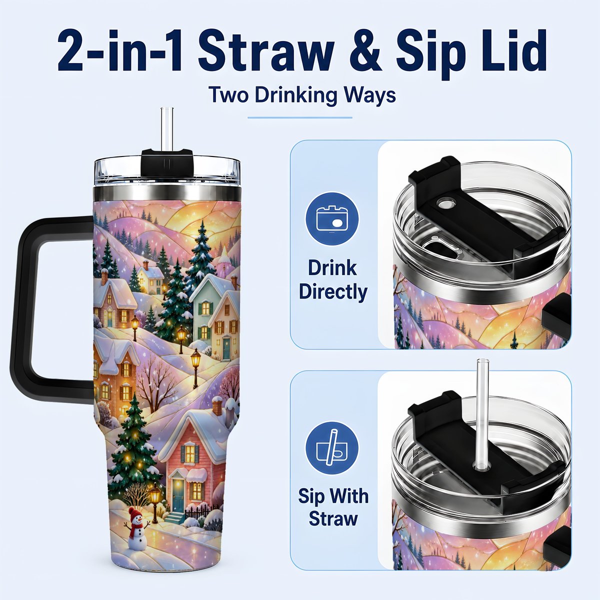 #pl[40oz|Black] Pastel Winter 40oz Tumbler with Handle, Snowy Cottage Artwork