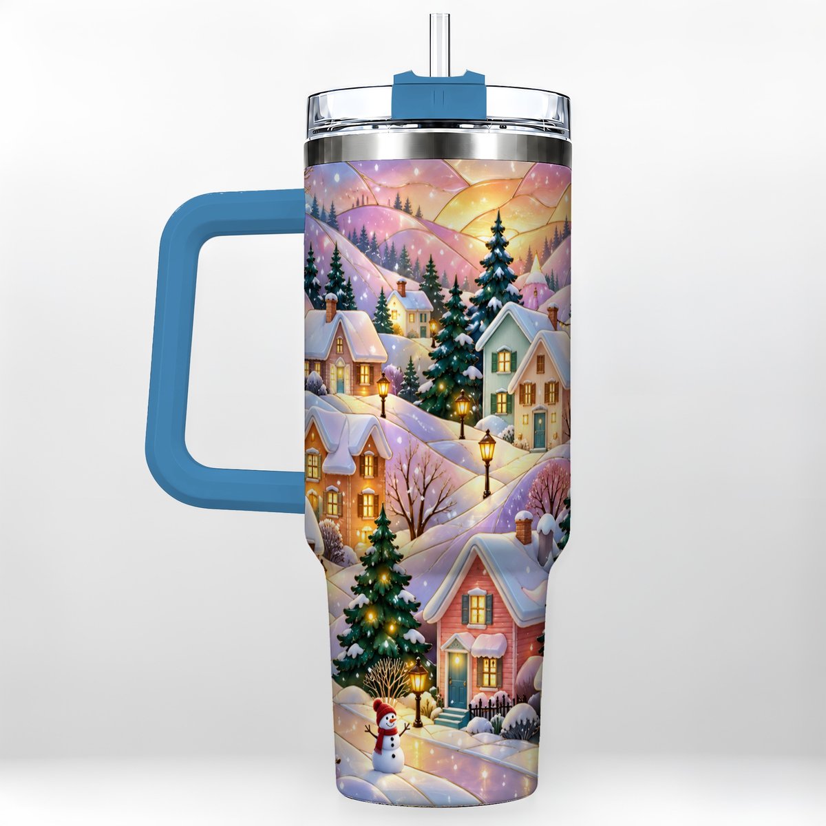 #pl[40oz|Blue] Pastel Winter 40oz Tumbler with Handle, Snowy Cottage Artwork