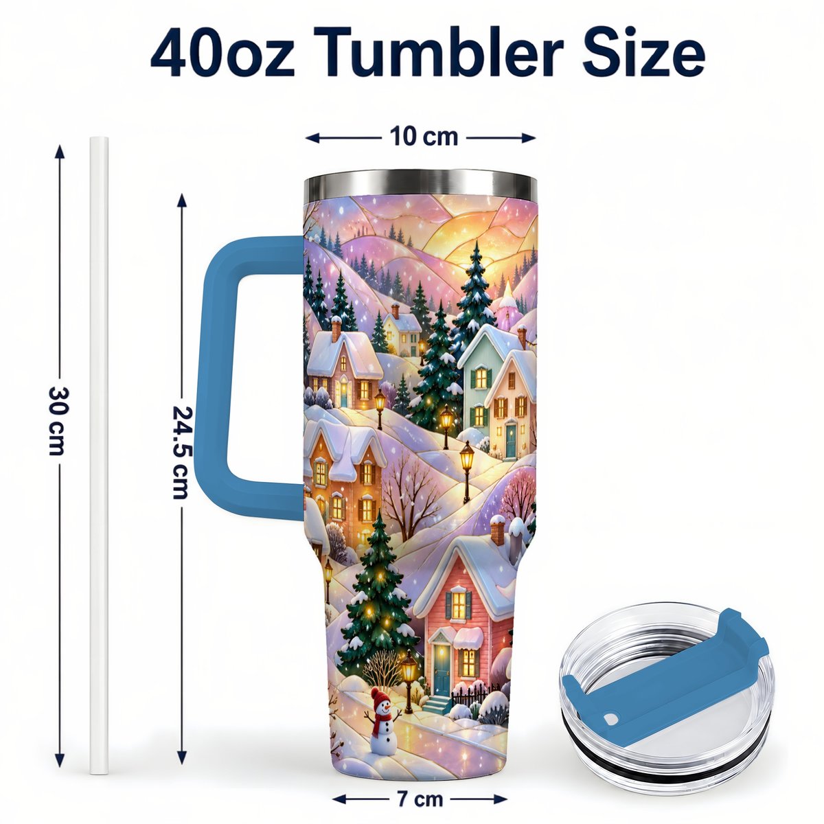 #pl[40oz|Blue] Pastel Winter 40oz Tumbler with Handle, Snowy Cottage Artwork