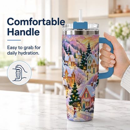 #pl[40oz|Blue] Pastel Winter 40oz Tumbler with Handle, Snowy Cottage Artwork