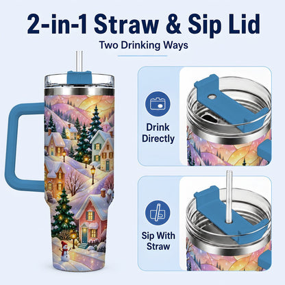 #pl[40oz|Blue] Pastel Winter 40oz Tumbler with Handle, Snowy Cottage Artwork