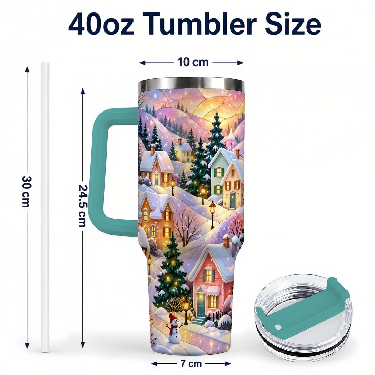 #pl[40oz|Green] Pastel Winter 40oz Tumbler with Handle, Snowy Cottage Artwork