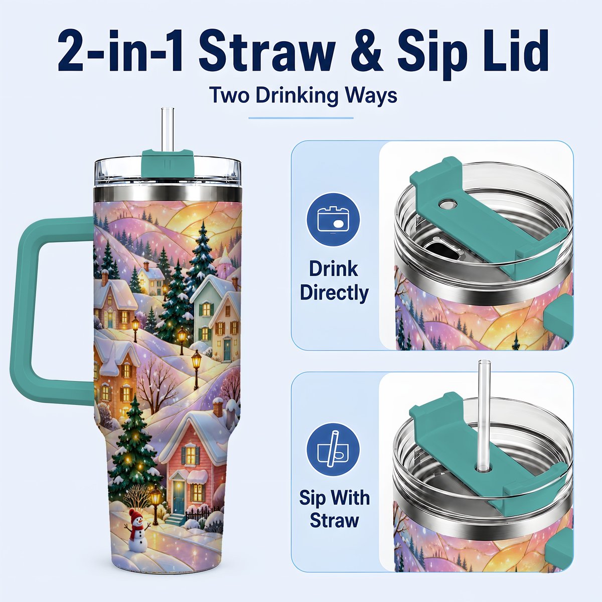 #pl[40oz|Green] Pastel Winter 40oz Tumbler with Handle, Snowy Cottage Artwork