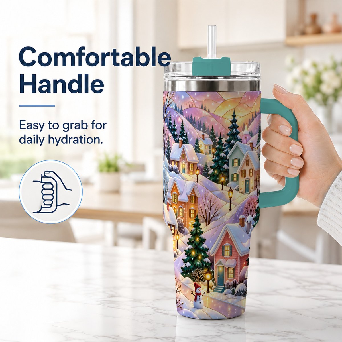 #pl[40oz|Green] Pastel Winter 40oz Tumbler with Handle, Snowy Cottage Artwork