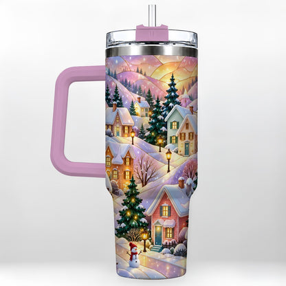 #pl[40oz|Pink] Pastel Winter 40oz Tumbler with Handle, Snowy Cottage Artwork