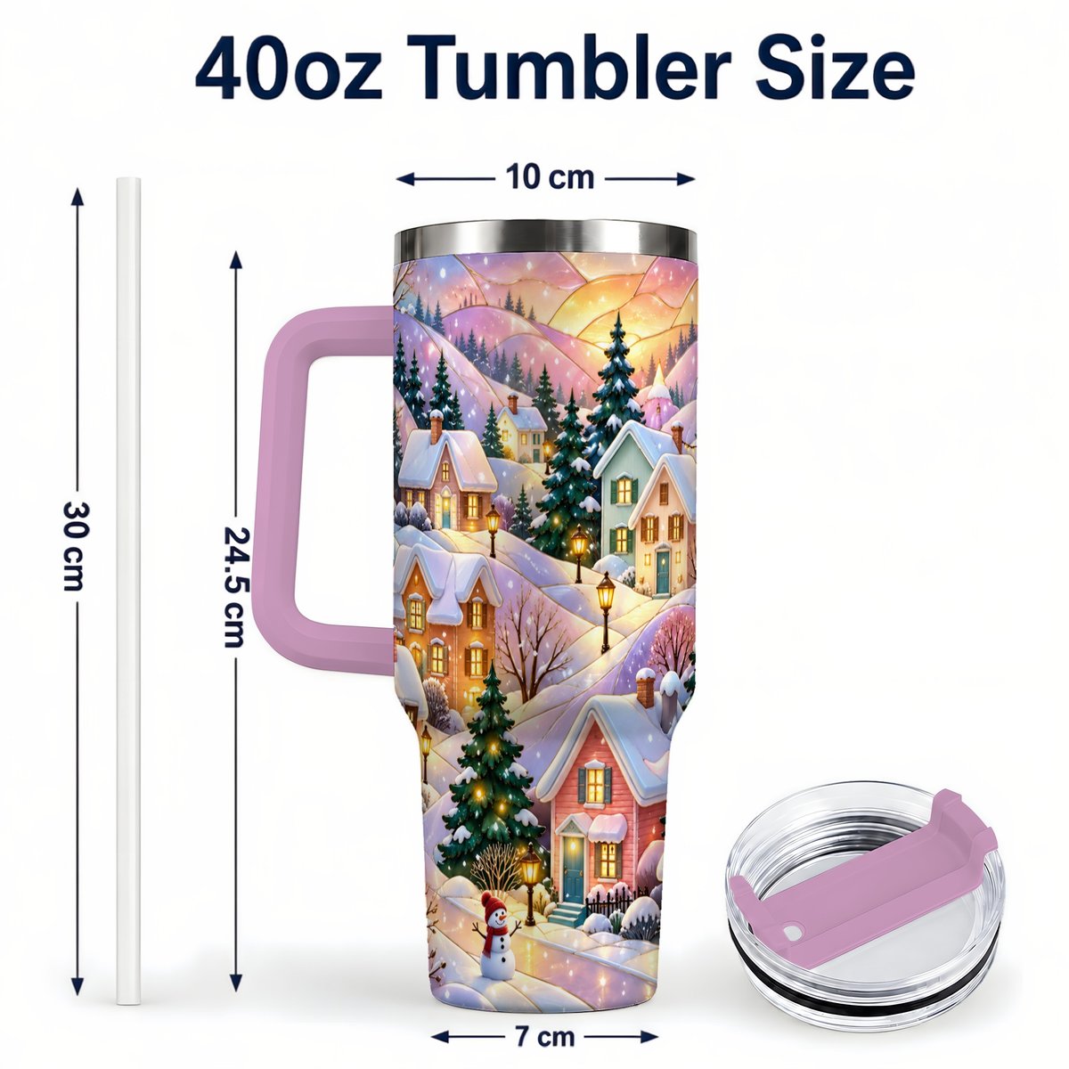 #pl[40oz|Pink] Pastel Winter 40oz Tumbler with Handle, Snowy Cottage Artwork