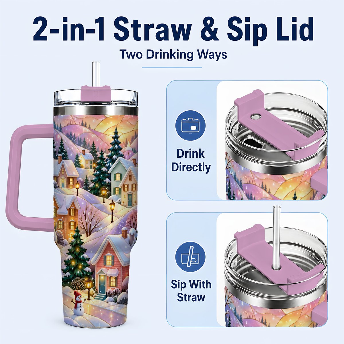 #pl[40oz|Pink] Pastel Winter 40oz Tumbler with Handle, Snowy Cottage Artwork