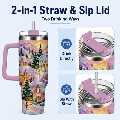 #pl[40oz|Pink] Pastel Winter 40oz Tumbler with Handle, Snowy Cottage Artwork