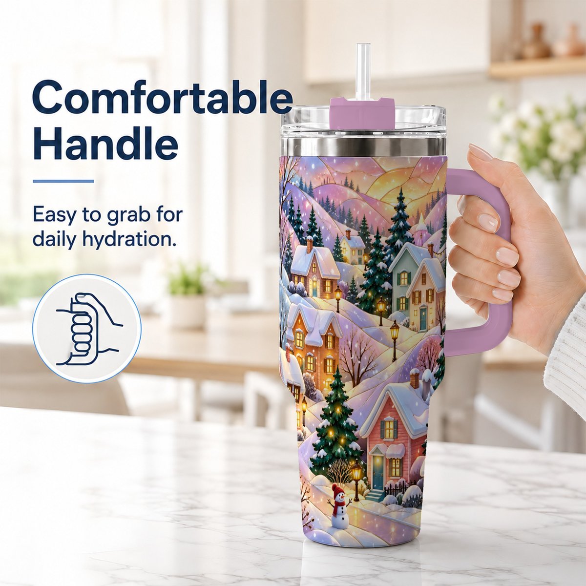 #pl[40oz|Pink] Pastel Winter 40oz Tumbler with Handle, Snowy Cottage Artwork