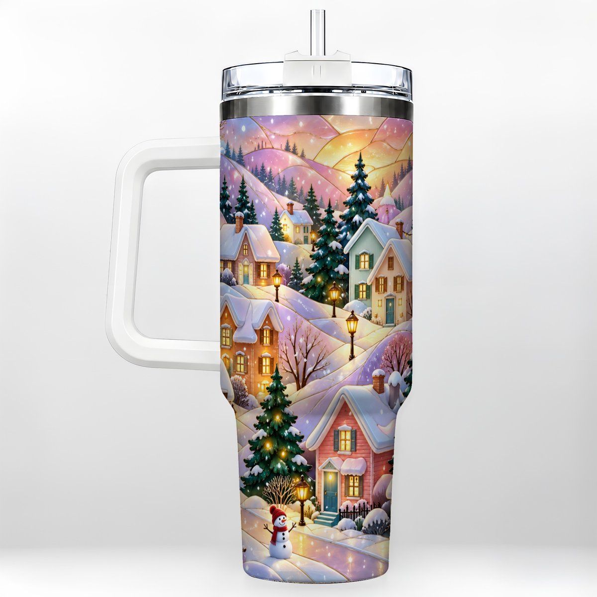 Pastel Winter 40oz Tumbler with Handle, Snowy Cottage Artwork