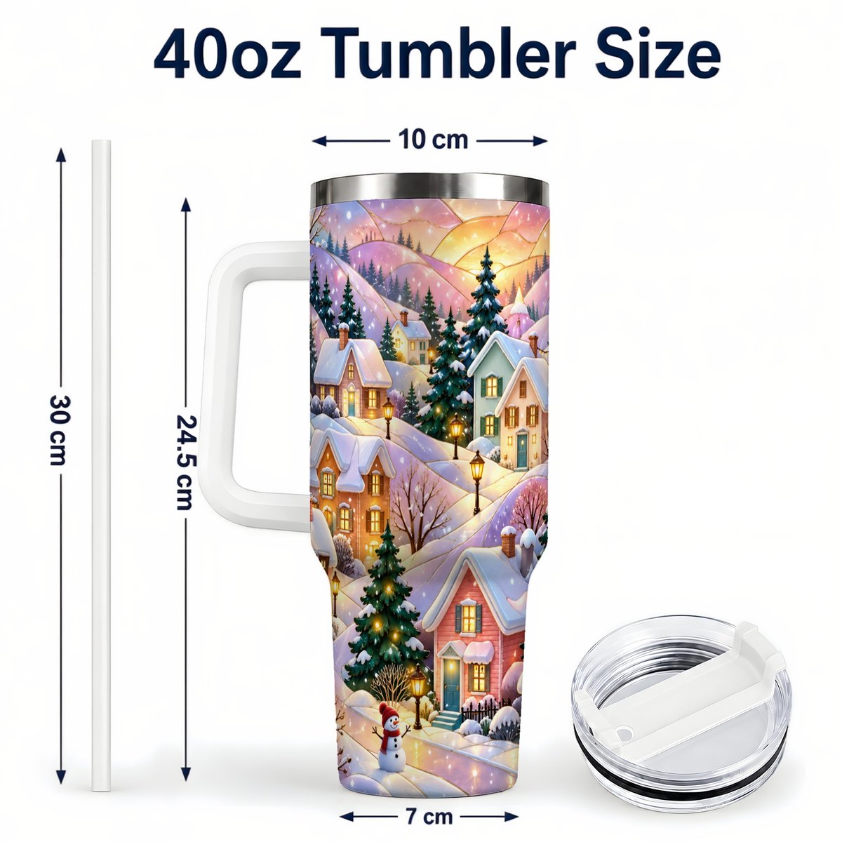 #pl[40oz|White] Pastel Winter 40oz Tumbler with Handle, Snowy Cottage Artwork