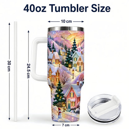 #pl[40oz|White] Pastel Winter 40oz Tumbler with Handle, Snowy Cottage Artwork
