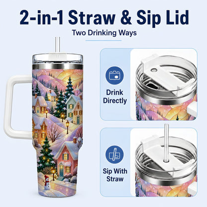 #pl[40oz|White] Pastel Winter 40oz Tumbler with Handle, Snowy Cottage Artwork