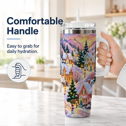 #pl[40oz|White] Pastel Winter 40oz Tumbler with Handle, Snowy Cottage Artwork