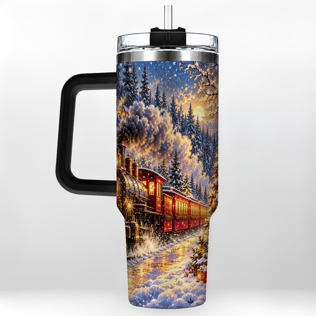 #pl[40oz|Black] Christmas Train 40oz Tumbler with Handle, Snowy Steam Engine