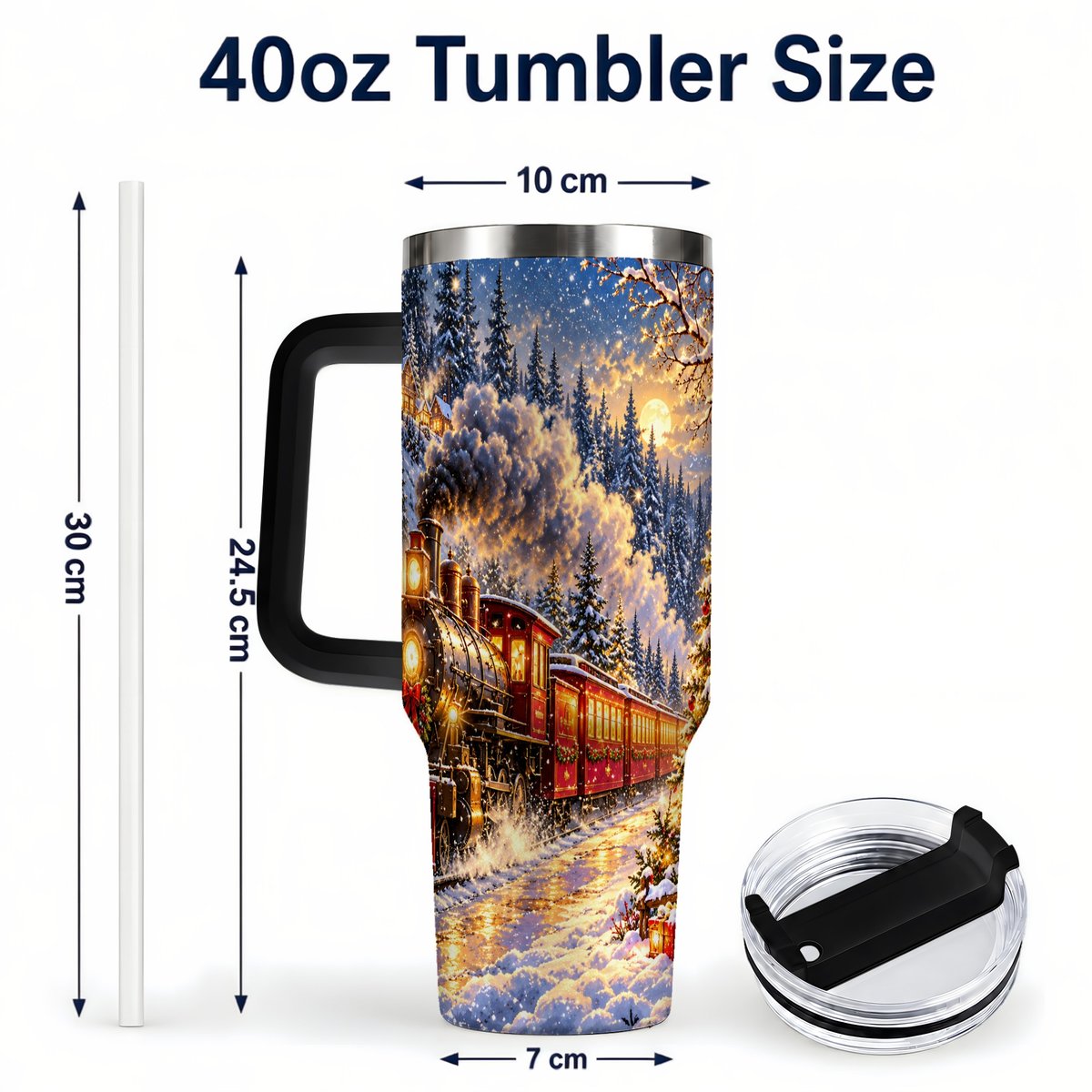 #pl[40oz|Black] Christmas Train 40oz Tumbler with Handle, Snowy Steam Engine