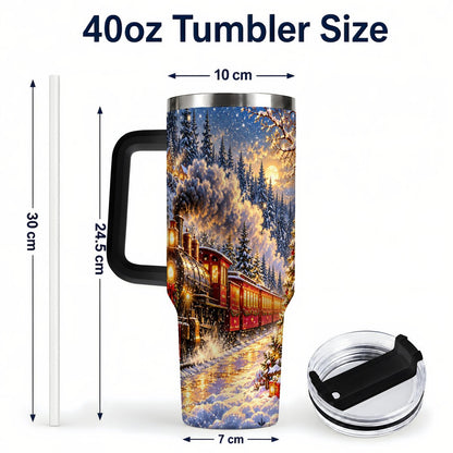 #pl[40oz|Black] Christmas Train 40oz Tumbler with Handle, Snowy Steam Engine