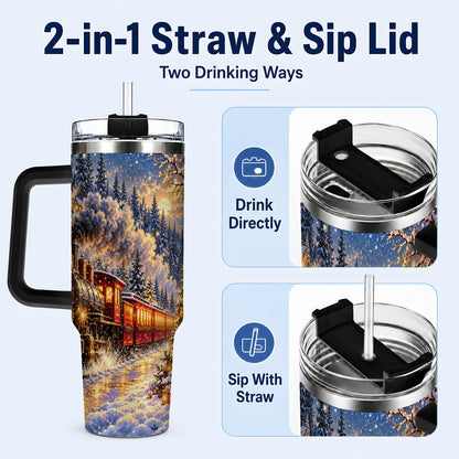 #pl[40oz|Black] Christmas Train 40oz Tumbler with Handle, Snowy Steam Engine