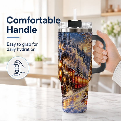 #pl[40oz|Black] Christmas Train 40oz Tumbler with Handle, Snowy Steam Engine