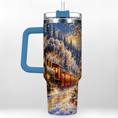 #pl[40oz|Blue] Christmas Train 40oz Tumbler with Handle, Snowy Steam Engine