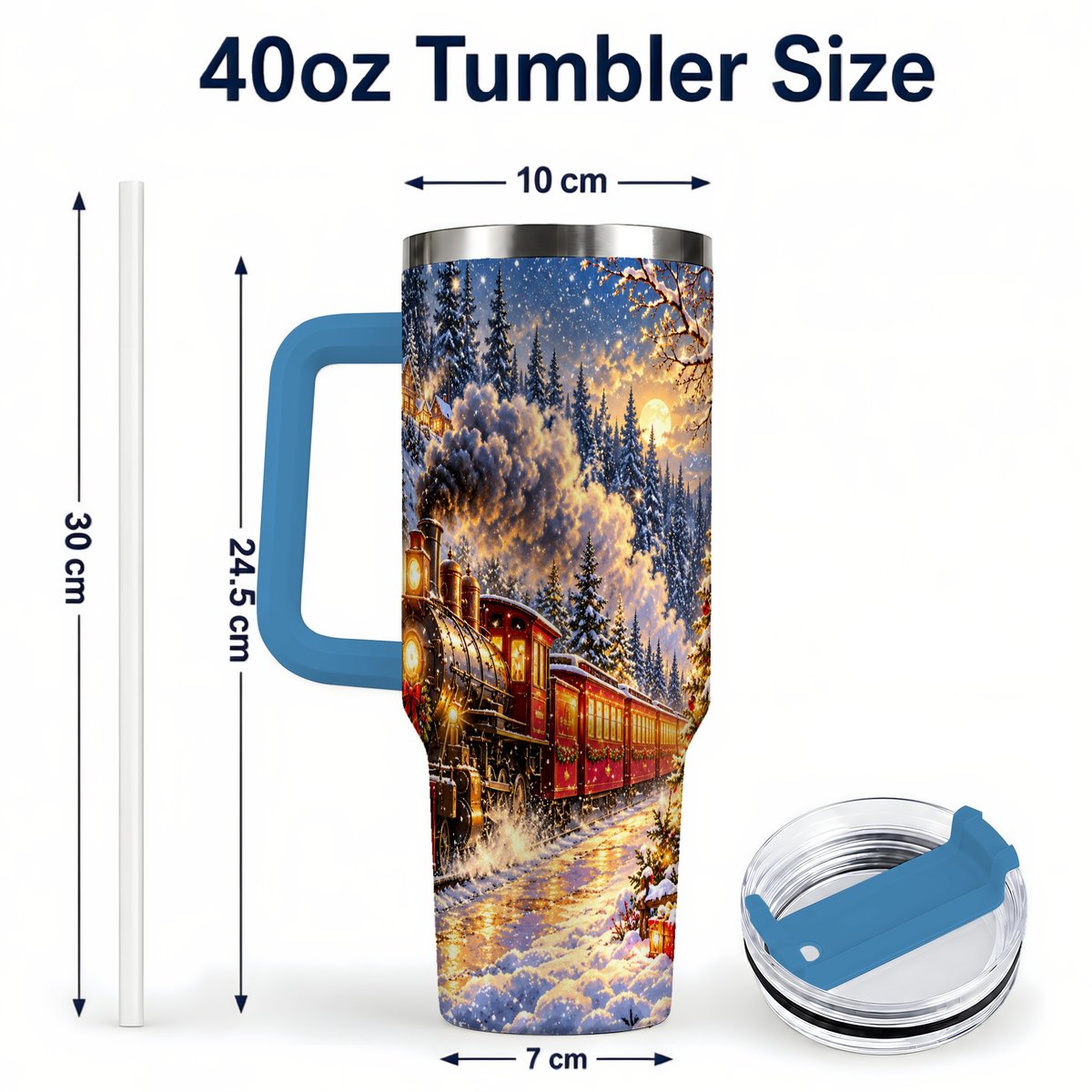 #pl[40oz|Blue] Christmas Train 40oz Tumbler with Handle, Snowy Steam Engine