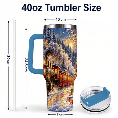 #pl[40oz|Blue] Christmas Train 40oz Tumbler with Handle, Snowy Steam Engine
