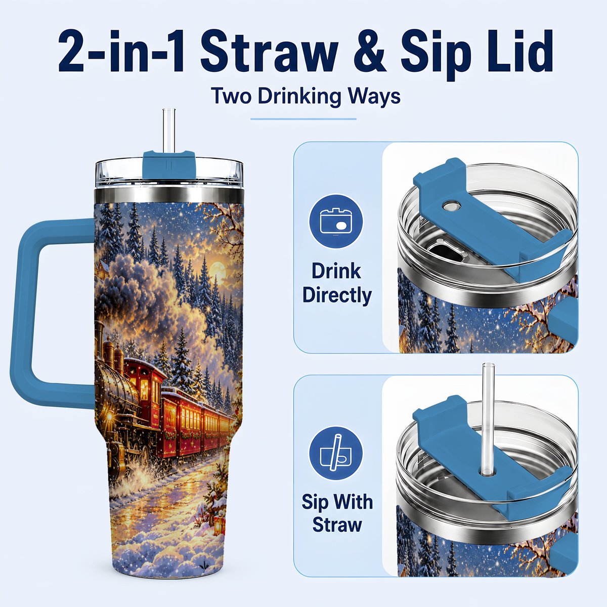 #pl[40oz|Blue] Christmas Train 40oz Tumbler with Handle, Snowy Steam Engine