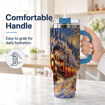 #pl[40oz|Blue] Christmas Train 40oz Tumbler with Handle, Snowy Steam Engine