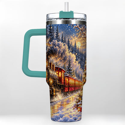 #pl[40oz|Green] Christmas Train 40oz Tumbler with Handle, Snowy Steam Engine