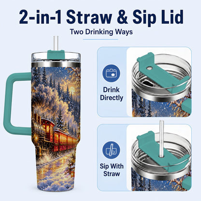 #pl[40oz|Green] Christmas Train 40oz Tumbler with Handle, Snowy Steam Engine