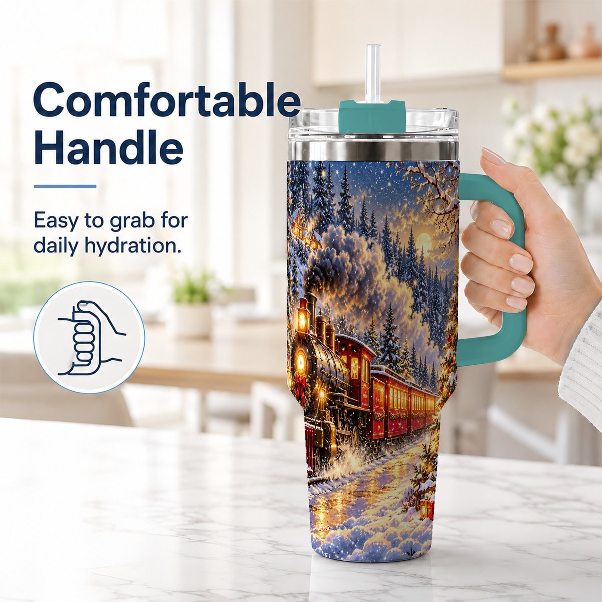 #pl[40oz|Green] Christmas Train 40oz Tumbler with Handle, Snowy Steam Engine