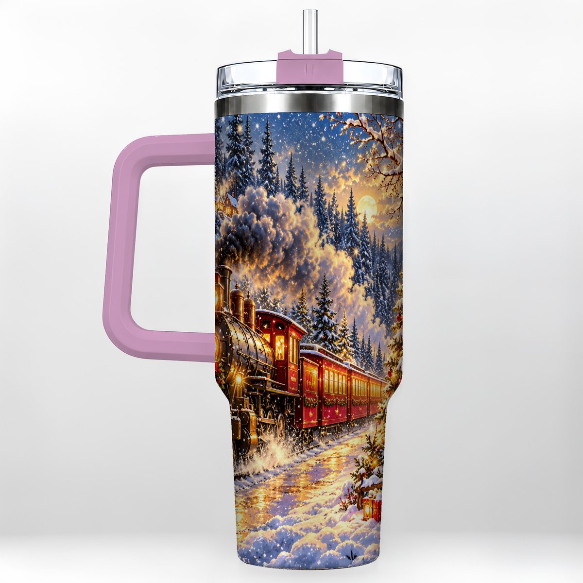 #pl[40oz|Pink] Christmas Train 40oz Tumbler with Handle, Snowy Steam Engine