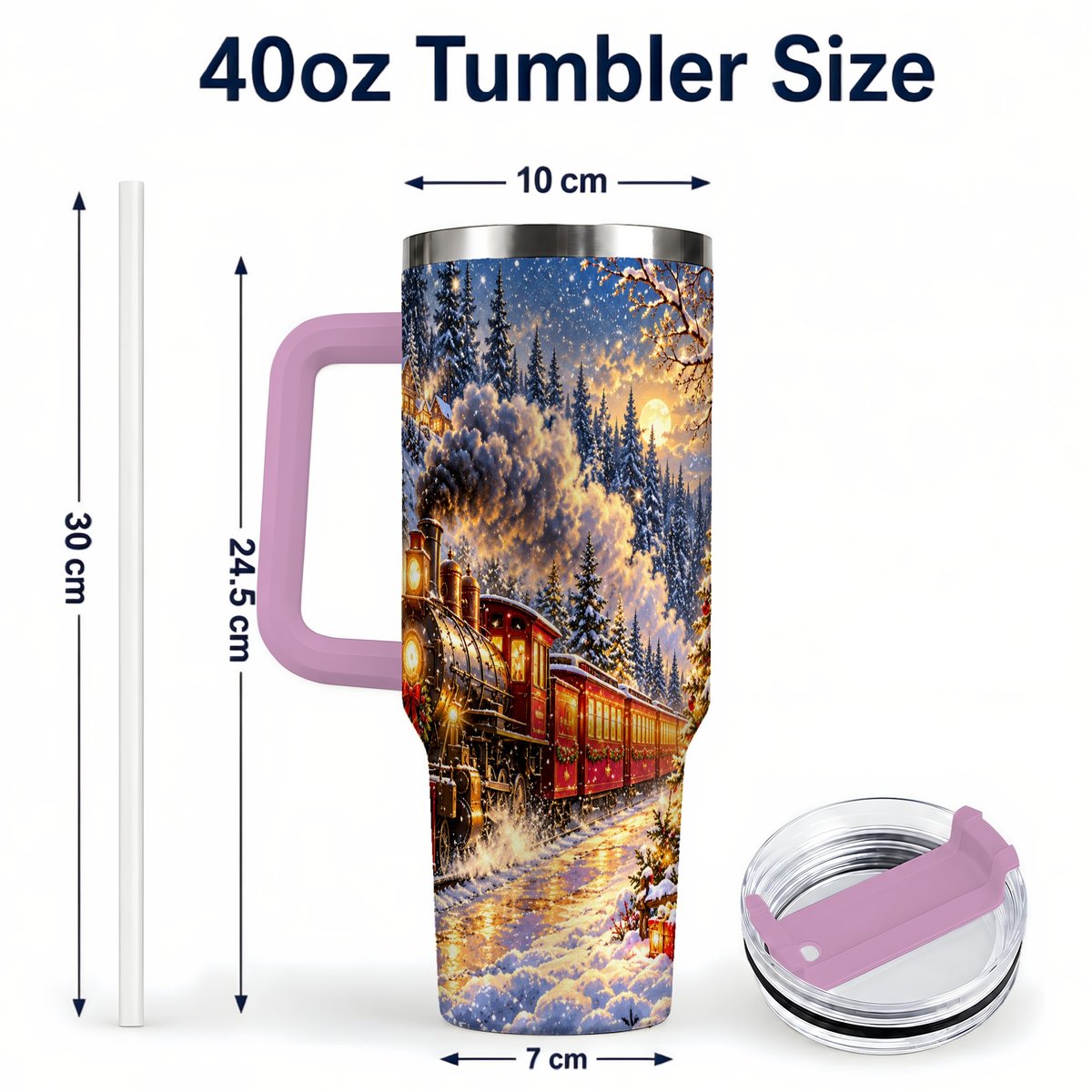 #pl[40oz|Pink] Christmas Train 40oz Tumbler with Handle, Snowy Steam Engine